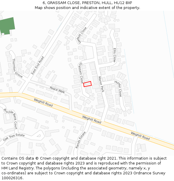 6, GRASSAM CLOSE, PRESTON, HULL, HU12 8XF: Location map and indicative extent of plot