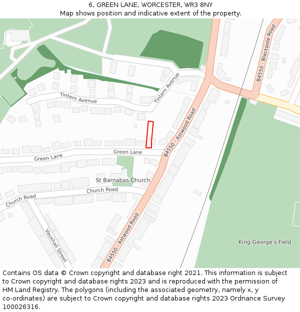 6, GREEN LANE, WORCESTER, WR3 8NY: Location map and indicative extent of plot