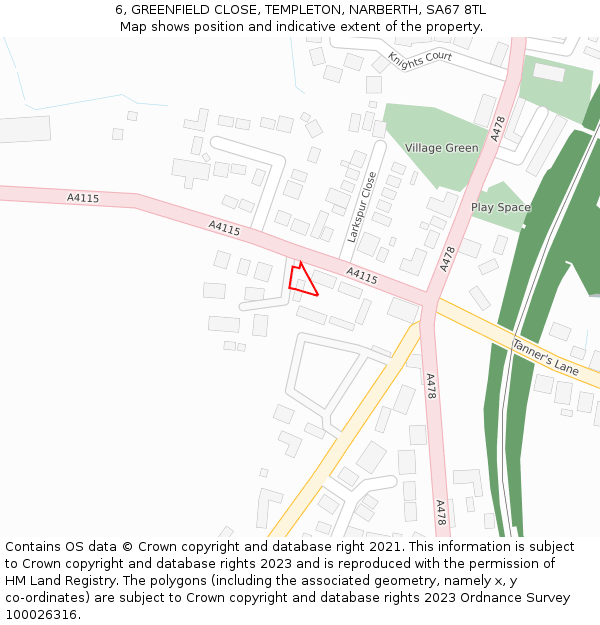 6, GREENFIELD CLOSE, TEMPLETON, NARBERTH, SA67 8TL: Location map and indicative extent of plot
