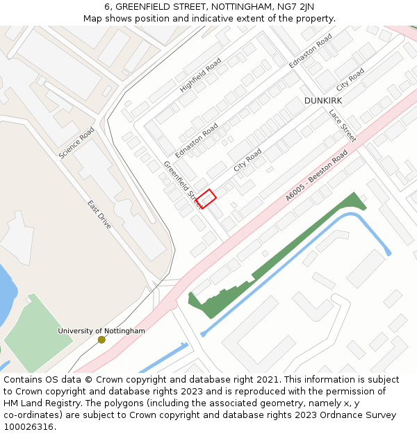 6, GREENFIELD STREET, NOTTINGHAM, NG7 2JN: Location map and indicative extent of plot