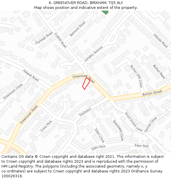 6, GREENOVER ROAD, BRIXHAM, TQ5 9LY: Location map and indicative extent of plot