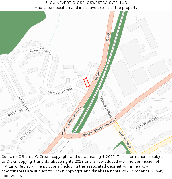 6, GUINEVERE CLOSE, OSWESTRY, SY11 1UD: Location map and indicative extent of plot