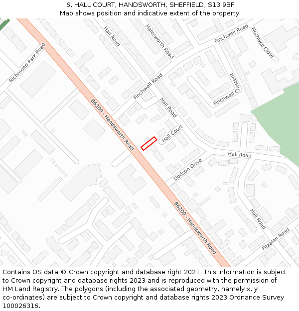 6, HALL COURT, HANDSWORTH, SHEFFIELD, S13 9BF: Location map and indicative extent of plot