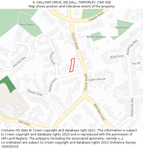 6, HALLOWS DRIVE, KELSALL, TARPORLEY, CW6 0QE: Location map and indicative extent of plot