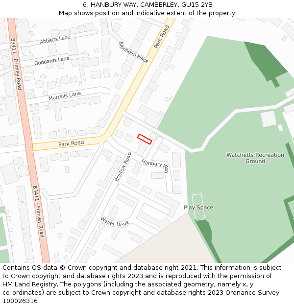 6, HANBURY WAY, CAMBERLEY, GU15 2YB: Location map and indicative extent of plot