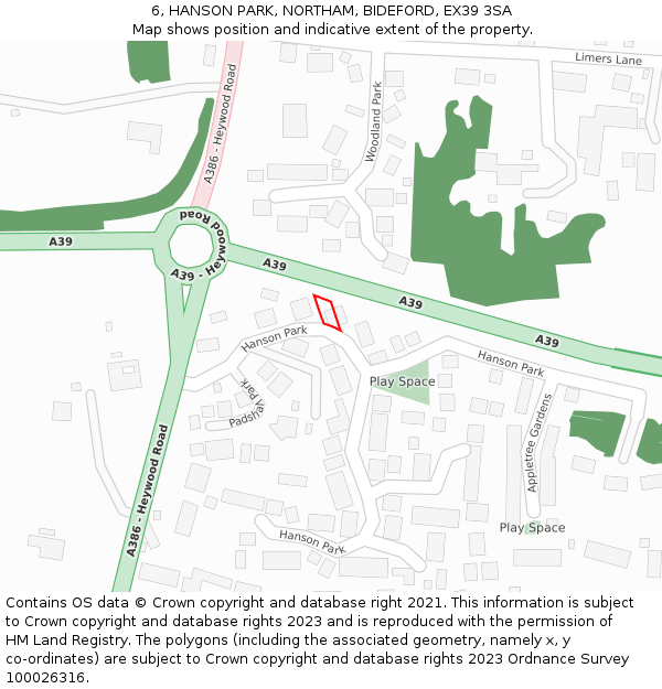 6, HANSON PARK, NORTHAM, BIDEFORD, EX39 3SA: Location map and indicative extent of plot