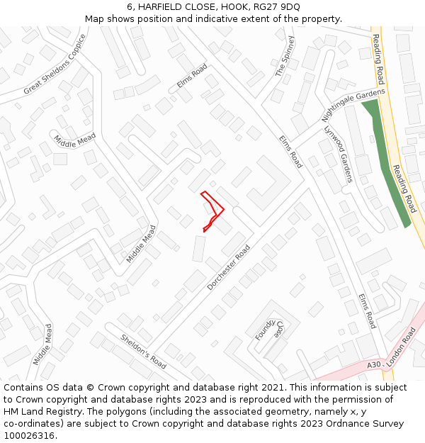 6, HARFIELD CLOSE, HOOK, RG27 9DQ: Location map and indicative extent of plot