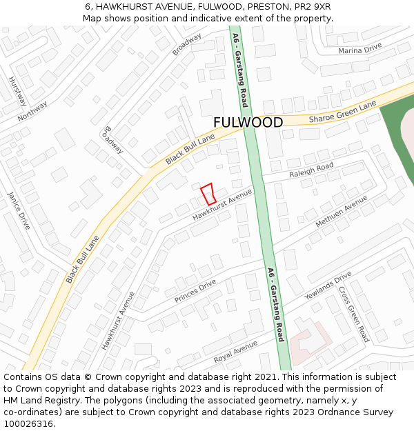 6, HAWKHURST AVENUE, FULWOOD, PRESTON, PR2 9XR: Location map and indicative extent of plot