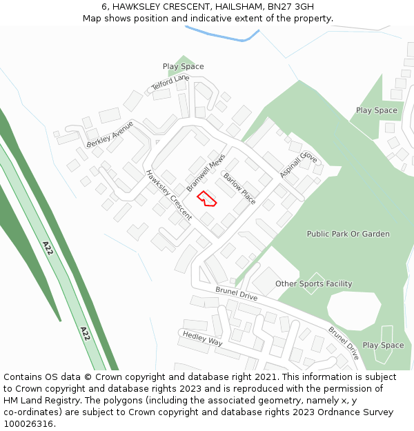 6, HAWKSLEY CRESCENT, HAILSHAM, BN27 3GH: Location map and indicative extent of plot