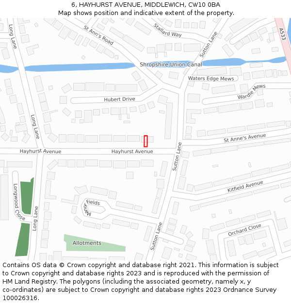 6, HAYHURST AVENUE, MIDDLEWICH, CW10 0BA: Location map and indicative extent of plot