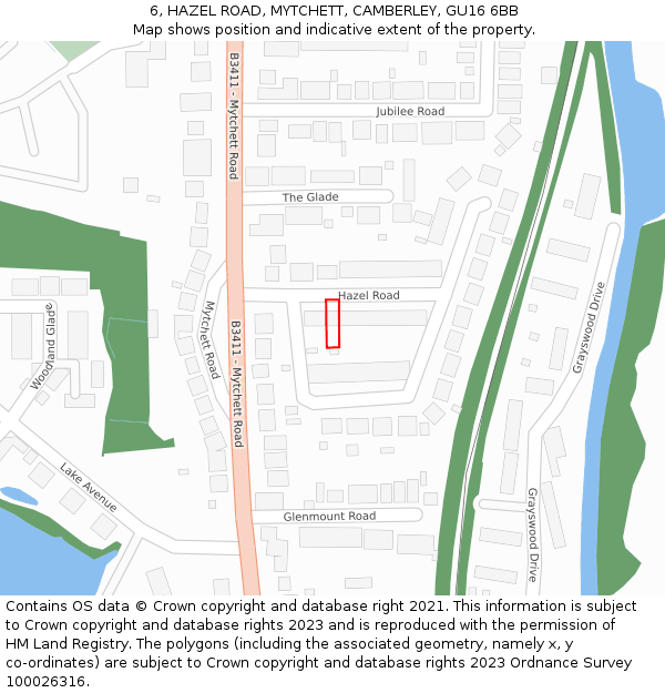 6, HAZEL ROAD, MYTCHETT, CAMBERLEY, GU16 6BB: Location map and indicative extent of plot