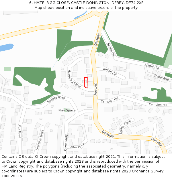 6, HAZELRIGG CLOSE, CASTLE DONINGTON, DERBY, DE74 2XE: Location map and indicative extent of plot