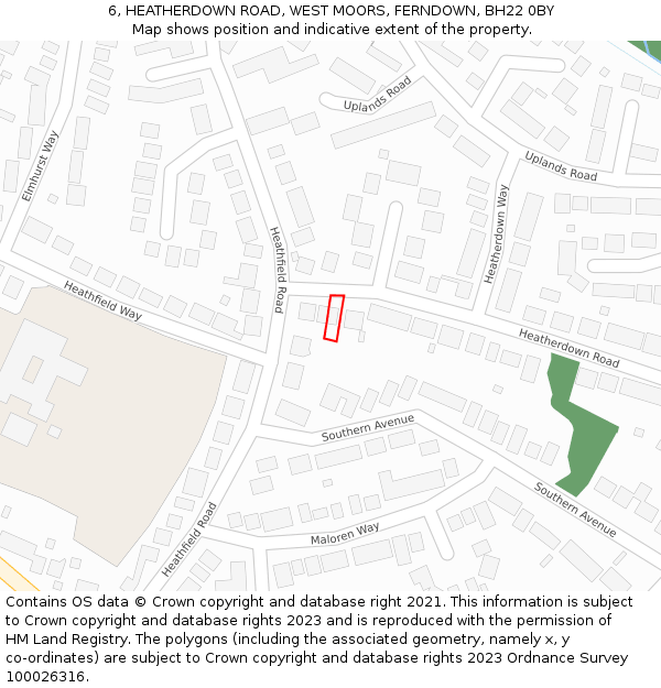 6, HEATHERDOWN ROAD, WEST MOORS, FERNDOWN, BH22 0BY: Location map and indicative extent of plot