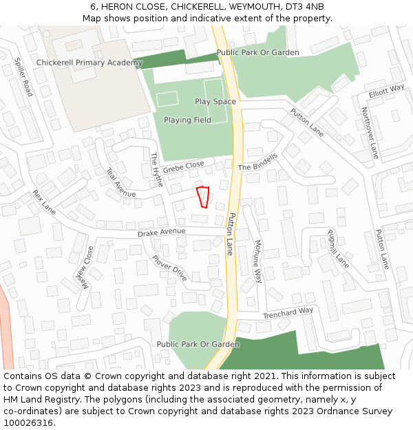 6, HERON CLOSE, CHICKERELL, WEYMOUTH, DT3 4NB: Location map and indicative extent of plot