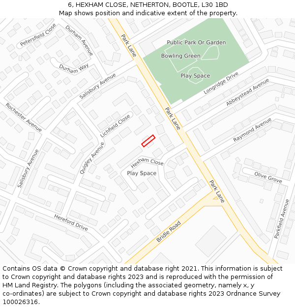6, HEXHAM CLOSE, NETHERTON, BOOTLE, L30 1BD: Location map and indicative extent of plot