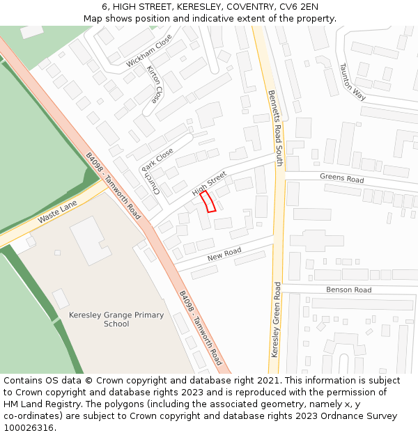 6, HIGH STREET, KERESLEY, COVENTRY, CV6 2EN: Location map and indicative extent of plot