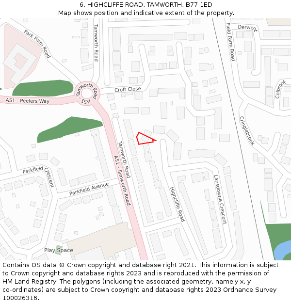 6, HIGHCLIFFE ROAD, TAMWORTH, B77 1ED: Location map and indicative extent of plot