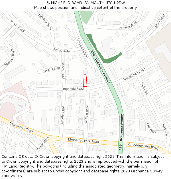 6, HIGHFIELD ROAD, FALMOUTH, TR11 2DW: Location map and indicative extent of plot