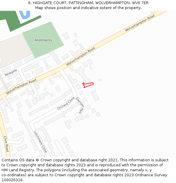 6, HIGHGATE COURT, PATTINGHAM, WOLVERHAMPTON, WV6 7ER: Location map and indicative extent of plot