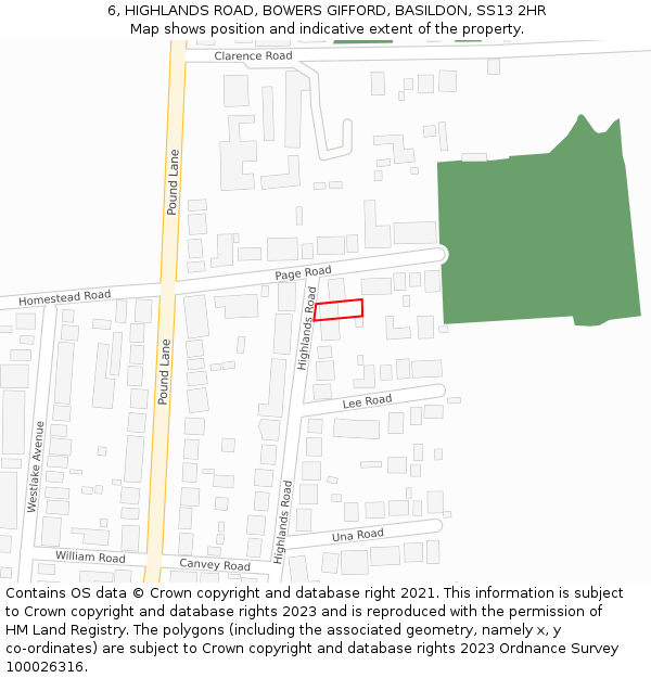 6, HIGHLANDS ROAD, BOWERS GIFFORD, BASILDON, SS13 2HR: Location map and indicative extent of plot