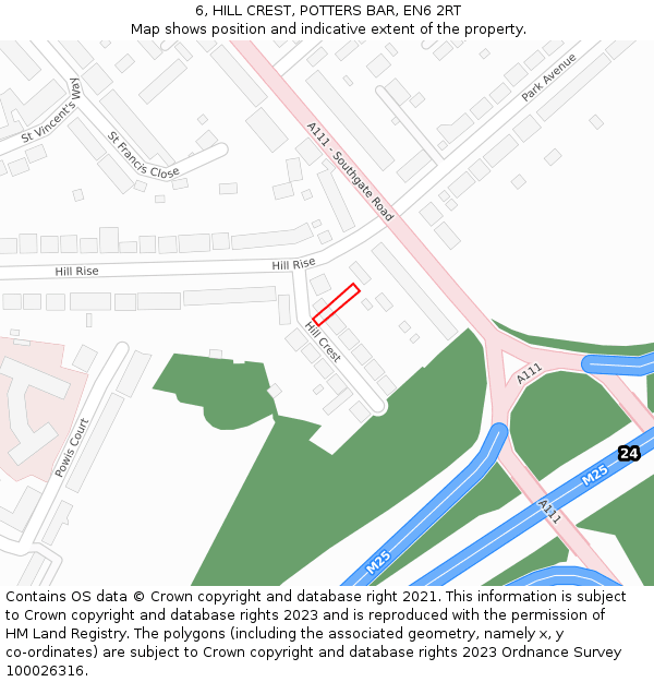 6, HILL CREST, POTTERS BAR, EN6 2RT: Location map and indicative extent of plot