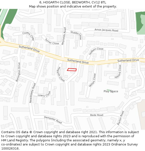 6, HOGARTH CLOSE, BEDWORTH, CV12 8TL: Location map and indicative extent of plot