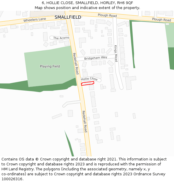 6, HOLLIE CLOSE, SMALLFIELD, HORLEY, RH6 9QF: Location map and indicative extent of plot