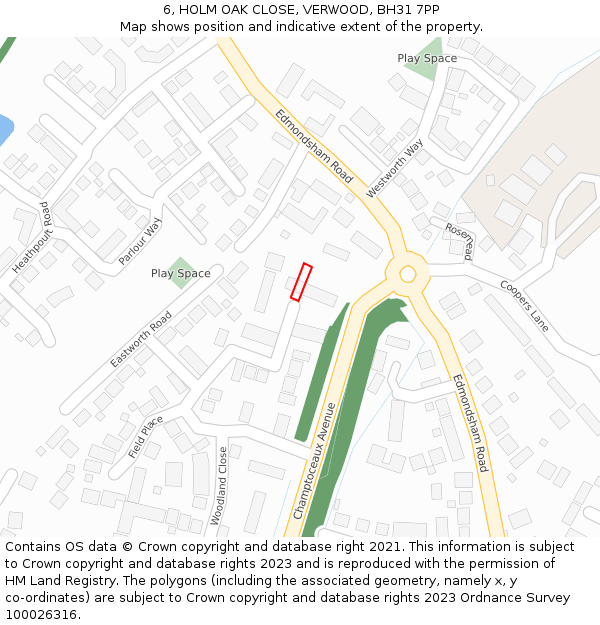 6, HOLM OAK CLOSE, VERWOOD, BH31 7PP: Location map and indicative extent of plot