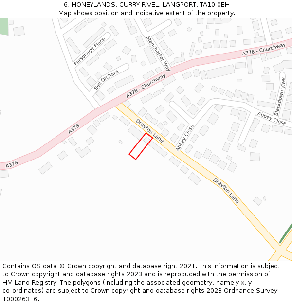 6, HONEYLANDS, CURRY RIVEL, LANGPORT, TA10 0EH: Location map and indicative extent of plot