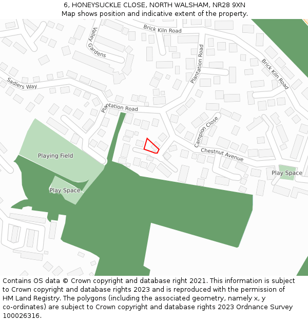 6, HONEYSUCKLE CLOSE, NORTH WALSHAM, NR28 9XN: Location map and indicative extent of plot