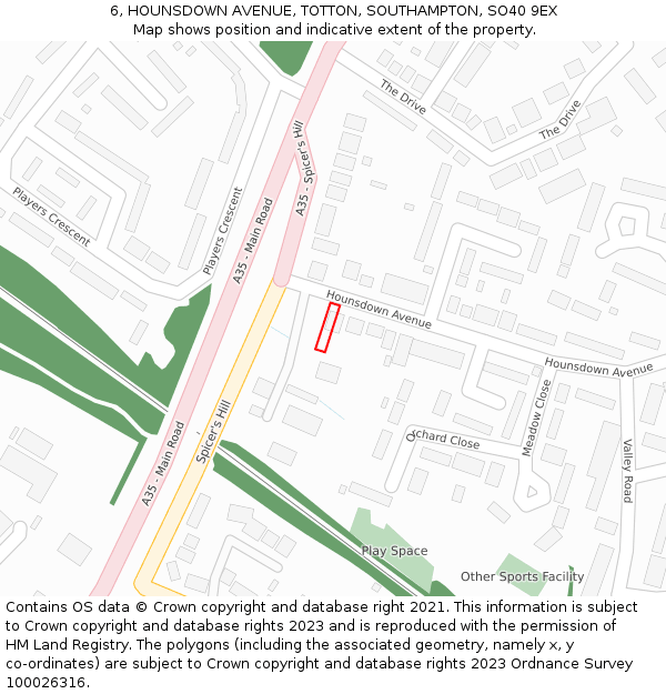 6, HOUNSDOWN AVENUE, TOTTON, SOUTHAMPTON, SO40 9EX: Location map and indicative extent of plot