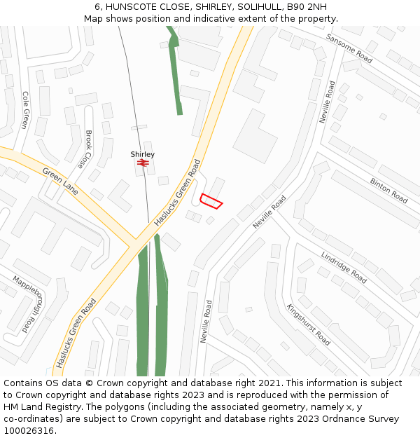 6, HUNSCOTE CLOSE, SHIRLEY, SOLIHULL, B90 2NH: Location map and indicative extent of plot