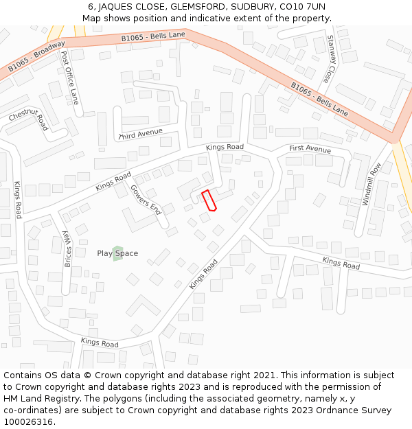 6, JAQUES CLOSE, GLEMSFORD, SUDBURY, CO10 7UN: Location map and indicative extent of plot