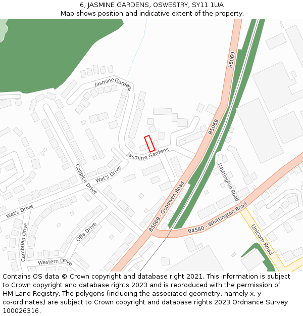 6, JASMINE GARDENS, OSWESTRY, SY11 1UA: Location map and indicative extent of plot