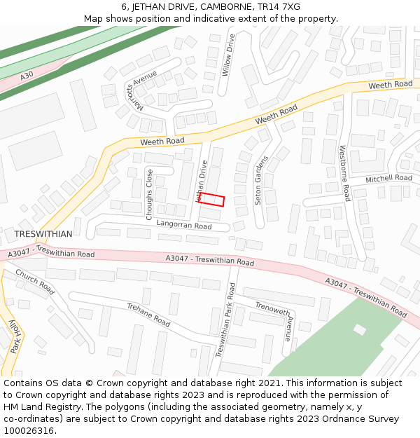 6, JETHAN DRIVE, CAMBORNE, TR14 7XG: Location map and indicative extent of plot