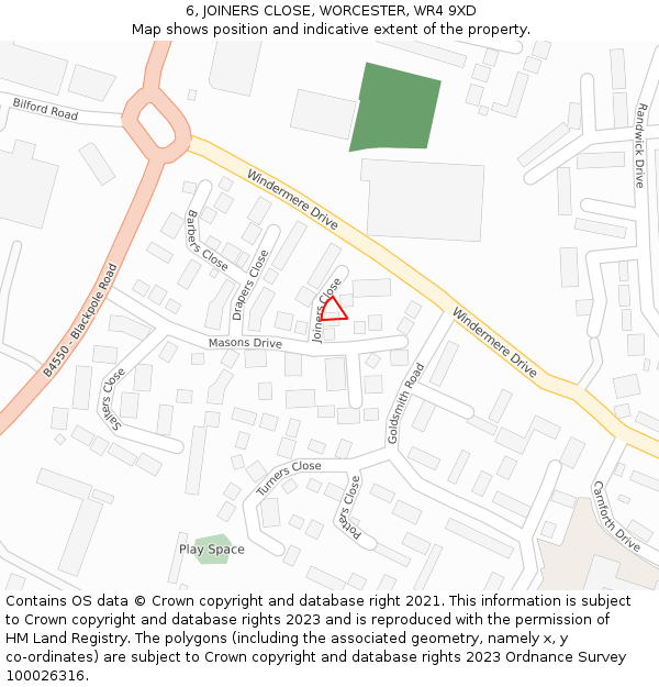 6, JOINERS CLOSE, WORCESTER, WR4 9XD: Location map and indicative extent of plot