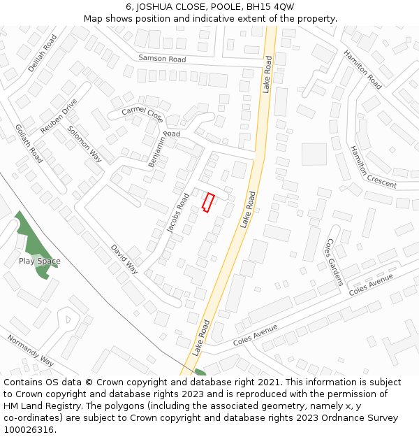 6, JOSHUA CLOSE, POOLE, BH15 4QW: Location map and indicative extent of plot