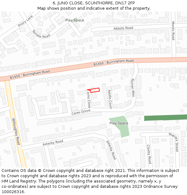 6, JUNO CLOSE, SCUNTHORPE, DN17 2FP: Location map and indicative extent of plot