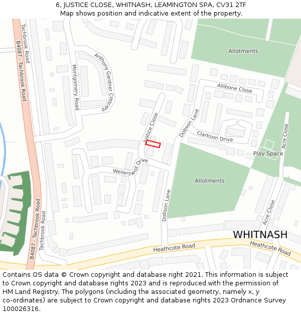 6, JUSTICE CLOSE, WHITNASH, LEAMINGTON SPA, CV31 2TF: Location map and indicative extent of plot