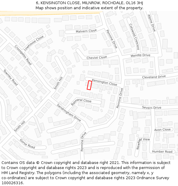 6, KENSINGTON CLOSE, MILNROW, ROCHDALE, OL16 3HJ: Location map and indicative extent of plot