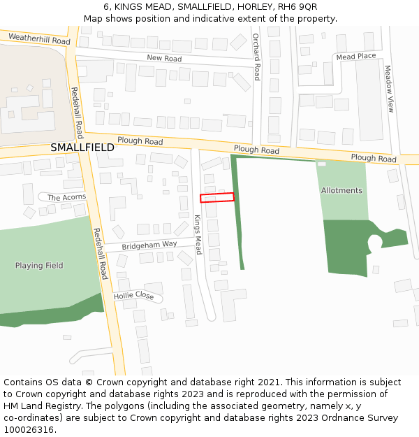 6, KINGS MEAD, SMALLFIELD, HORLEY, RH6 9QR: Location map and indicative extent of plot