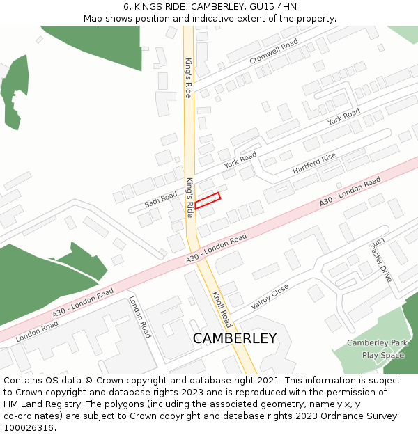 6, KINGS RIDE, CAMBERLEY, GU15 4HN: Location map and indicative extent of plot