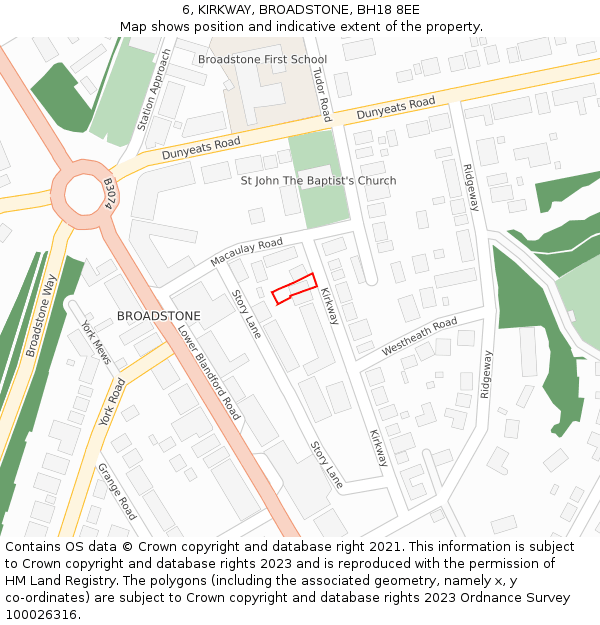 6, KIRKWAY, BROADSTONE, BH18 8EE: Location map and indicative extent of plot