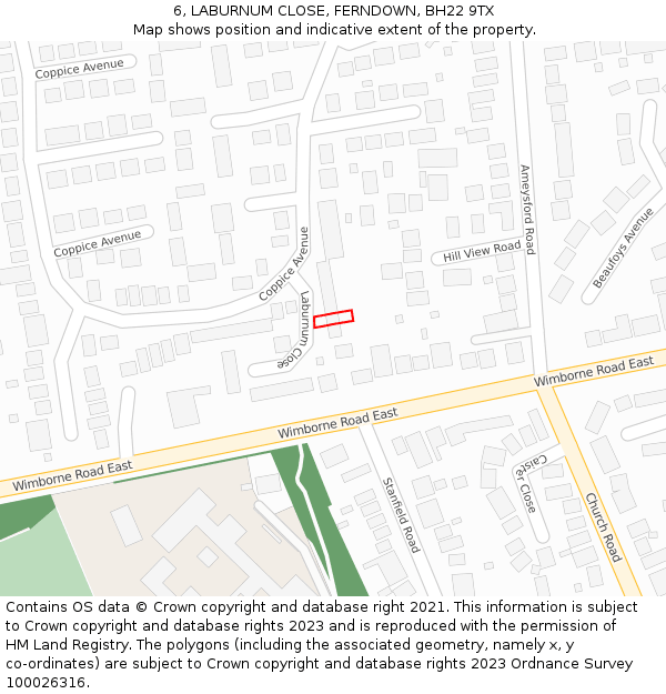 6, LABURNUM CLOSE, FERNDOWN, BH22 9TX: Location map and indicative extent of plot