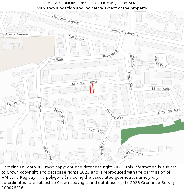 6, LABURNUM DRIVE, PORTHCAWL, CF36 5UA: Location map and indicative extent of plot