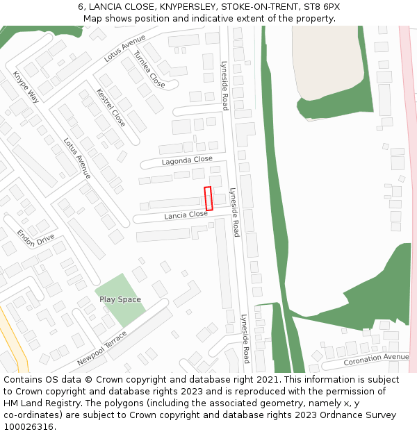 6, LANCIA CLOSE, KNYPERSLEY, STOKE-ON-TRENT, ST8 6PX: Location map and indicative extent of plot