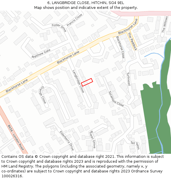 6, LANGBRIDGE CLOSE, HITCHIN, SG4 9EL: Location map and indicative extent of plot