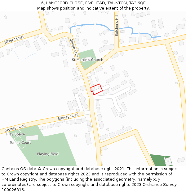 6, LANGFORD CLOSE, FIVEHEAD, TAUNTON, TA3 6QE: Location map and indicative extent of plot