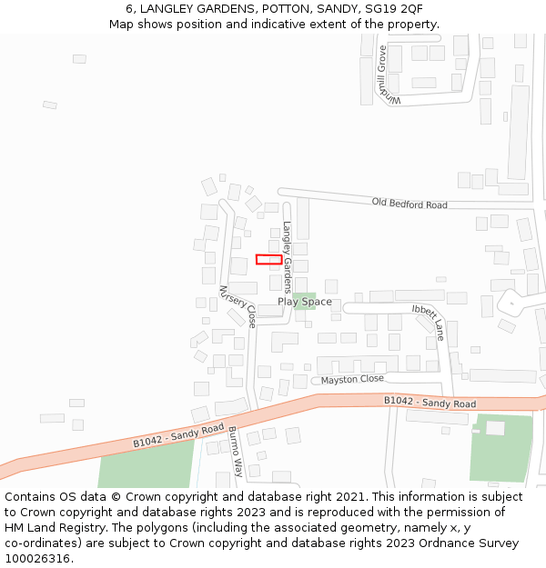 6, LANGLEY GARDENS, POTTON, SANDY, SG19 2QF: Location map and indicative extent of plot