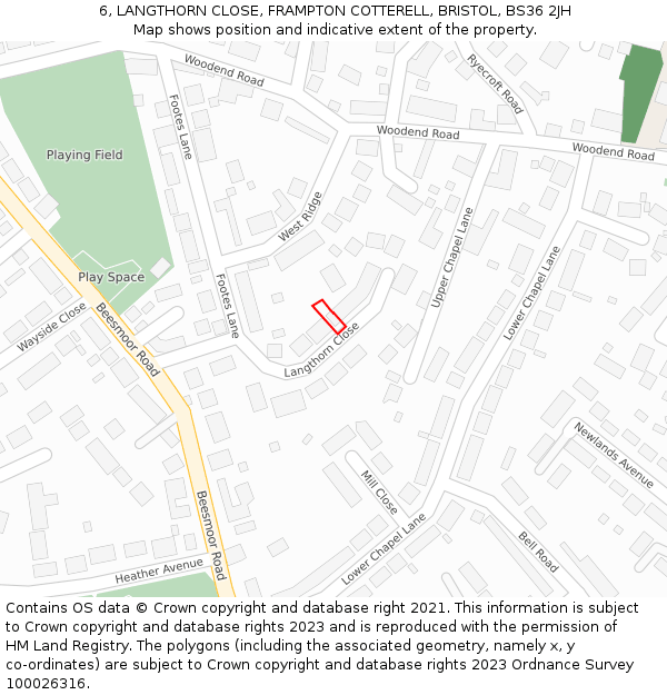 6, LANGTHORN CLOSE, FRAMPTON COTTERELL, BRISTOL, BS36 2JH: Location map and indicative extent of plot